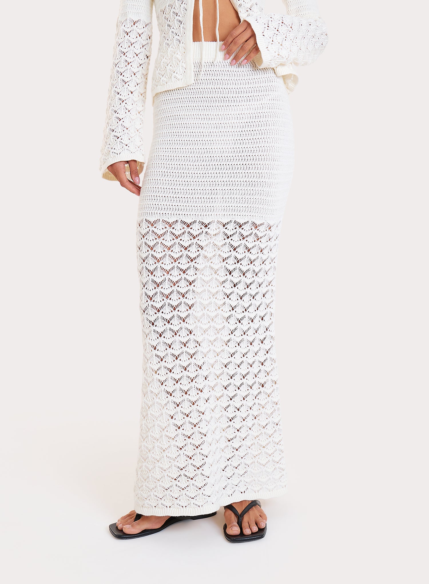 Cream Crochet Drop Waist Maxi Skirt